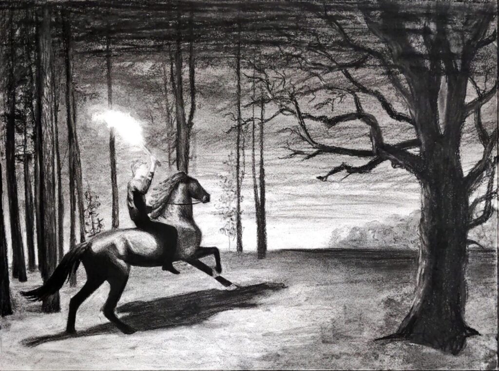 2021 Fall “Night Scene – Horse & Rider With Torch” Charcoal on Paper