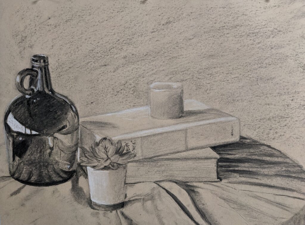 2023 Spring “Still life with shiny jug” Black and white Charcoal on toned Paper